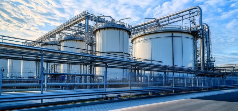 Industrial Complex Low Angle View of White Tanks and Pipelines Under Blue Sky, Chemical Plant, Refinery Chemical Engineering, Petrochemical Plant