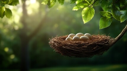 Nest with Eggs on a Tree Branch. Generative AI