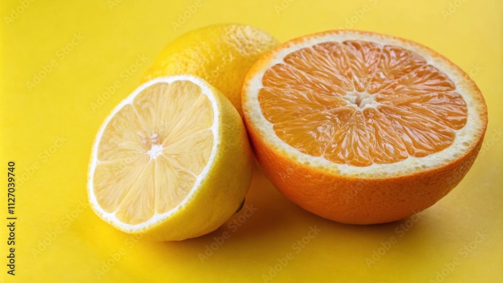 Aufkleber a citrus arrangement featuring a half cut orange and lemon with a whole lemon beside it on a vibrant
