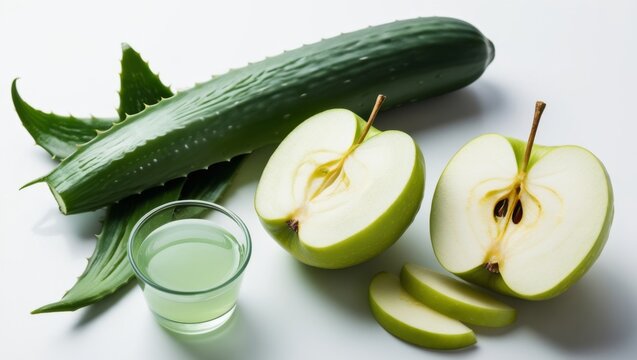 Aloe vera leaves, green apple and cocumber on the white backround. Health, cosmetics, natural medicine
