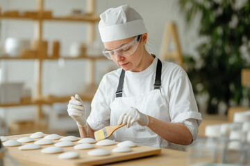 Shoe factory, A focused baker in a white uniform meticulously brushes dough on a wooden surface in a clean, modern kitchen filled with natural light.