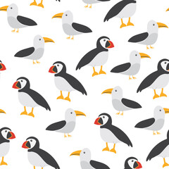 Puffin and Seagull seamless pattern. Cute Cartoon arctic animals background. Vector Illustration.
