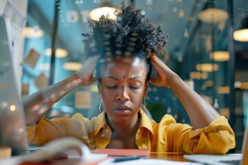 Overwhelmed professional experiencing stress and headaches from multitasking, workload challenges, and workplace pressures, leading to burnout and anxiety around deadlines and errors