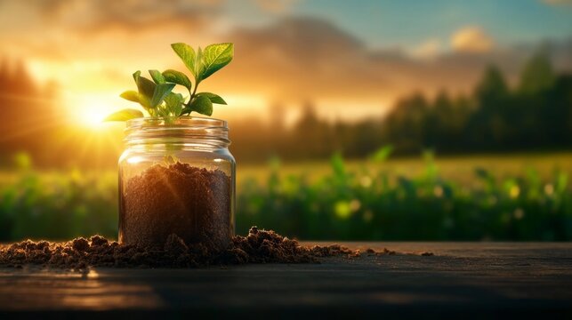 Sunlit Soil Sample Jar on Wooden Surface Amidst Lush Field. Generative AI