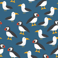 Obraz premium Puffin and Seagull seamless pattern. Cute Cartoon arctic animals background. Vector Illustration.