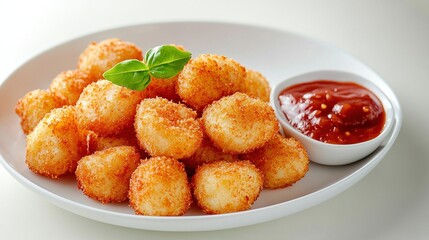 Close-up of gnocchi dumplings on a modern white dish, golden-brown crispy edges from light pan-frying, surrounded by a drizzle of tomato sauce.