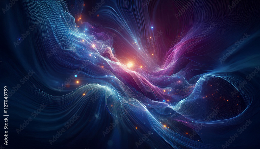 Poster abstract waves of deep blues and purples blending together in a soft, swirling motion, with hints of