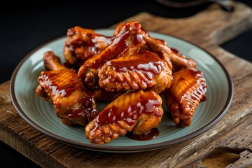 a plate with chicken wings coated in barbecue sauce