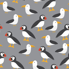 Puffin and Seagull seamless pattern. Cute Cartoon arctic animals background. Vector Illustration.