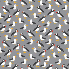 Puffin and Seagull seamless pattern. Cute Cartoon arctic animals background. Vector Illustration.