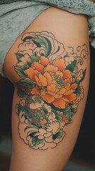 Vibrant Colorful Tattoo on Asian Woman's Thigh.