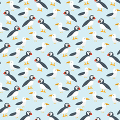 Puffin and Seagull seamless pattern. Cute Cartoon arctic animals background. Vector Illustration.