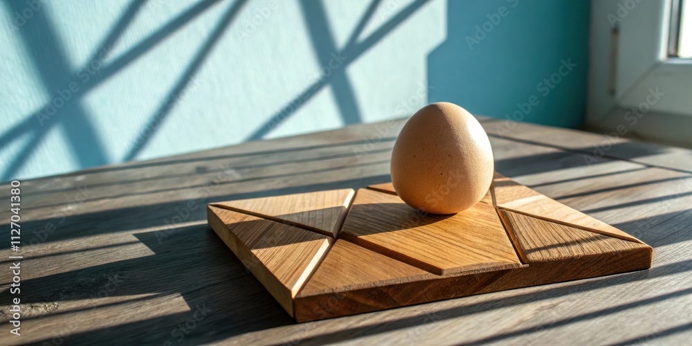 Poster a single egg resting on a geometric wooden puzzle, bathed in the warm glow of sunlight streaming thr
