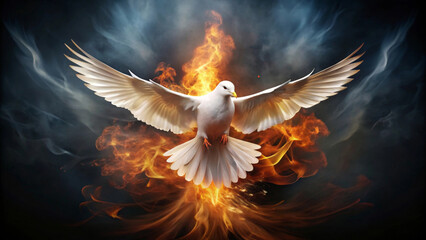 Flying white dove with flames of fire on dark background