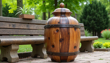 Naklejka premium Wooden barrel-style urn in park setting