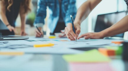 Obraz premium young individuals working on a project, with hands writing and sticky notes scattered, is ideal for promoting project management and business services.