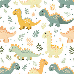 Playful dinosaurs and leaves in soft colors, seamless pattern, white background, concept of whimsical kid-friendly design