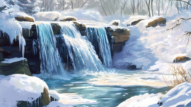 Quiet frost base: solidified waterfall and icy cascade landscape. Cascade. Illustration
