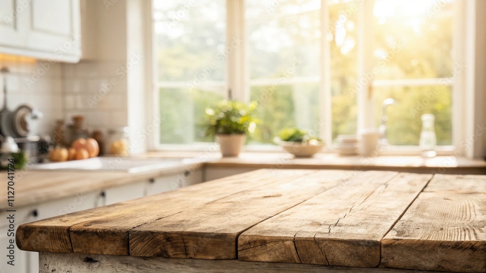 Poster rustic wooden table top with a kitchen background featuring a bright window with sunlight streaming 