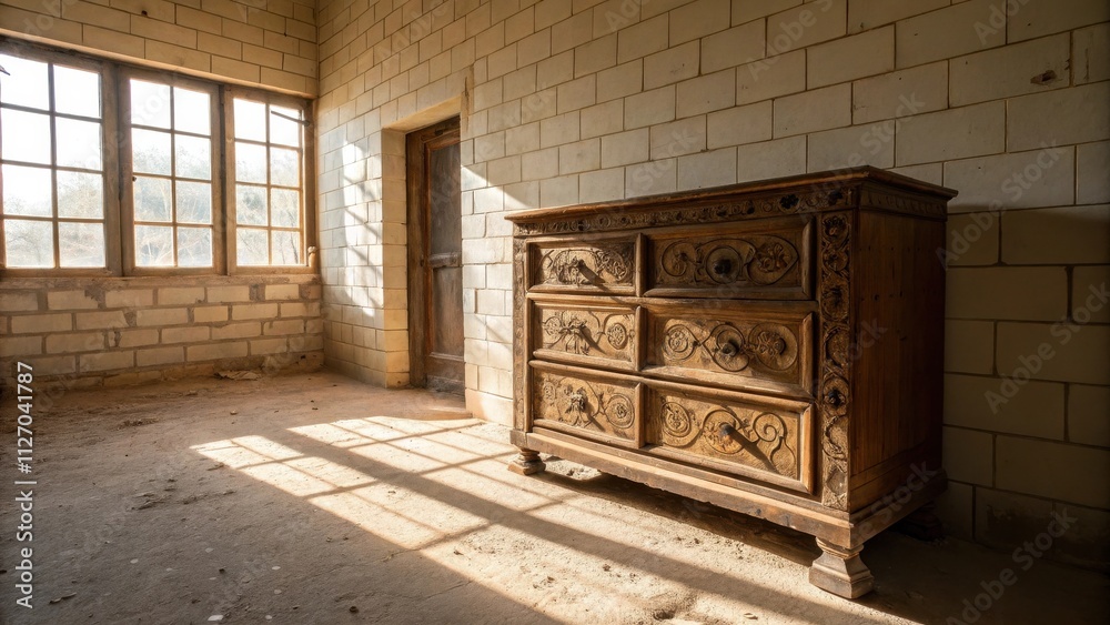 Poster sunlight streams through a large window, illuminating an intricately carved wooden chest of drawers 