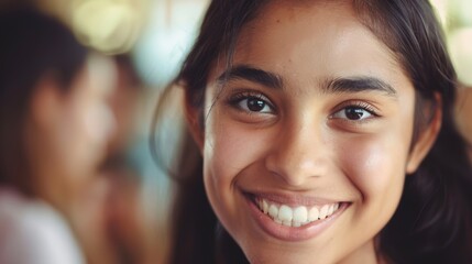 Happy student smiling in a classroom, eager for education and personal growth, focused on future ambitions and goals in a busy learning environment