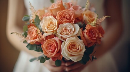 Obraz premium Beautiful wedding bouquet in hands of the bride. Bouquet of rose flowers, close up