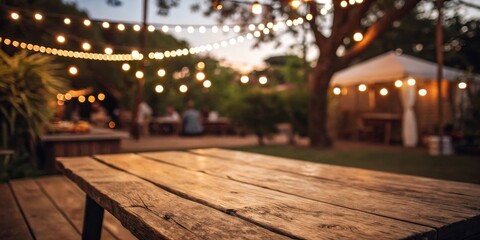Rustic wooden table in a garden setting with warm lighting and a blurred background of greenery and a white tent