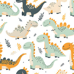 Playful dinosaurs and leaves in soft colors, seamless pattern, white background, concept of whimsical kid-friendly design