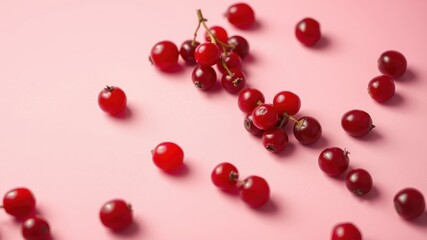 Vibrant Red Berries Scattered on a Pink Background A Close-Up Still Life of Fresh Fruit
