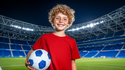 Young athlete ready for action, boy holds soccer ball with confidence and determination