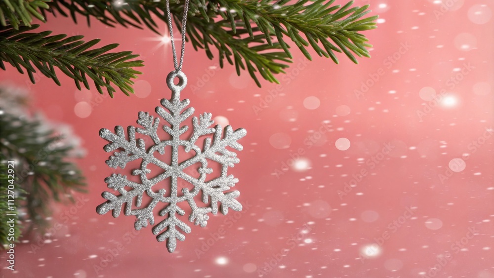Poster sparkling silver snowflake hanging from pine branch against a blurry pink background with glittering