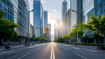 Fototapeta premium A modern city street with sleek, glass-fronted buildings, under a crisp, bright afternoon sky