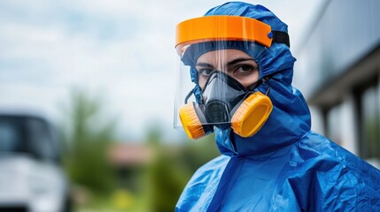 Protective Gear for Hazardous Environments with Female Worker in Blue Suit and Mask