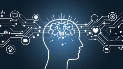 Glowing silhouette of a head with geometric icons radiating outward on a dark blue gradient background