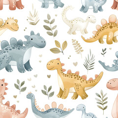 Playful dinosaurs and leaves in soft colors, seamless pattern, white background, concept of whimsical kid-friendly design