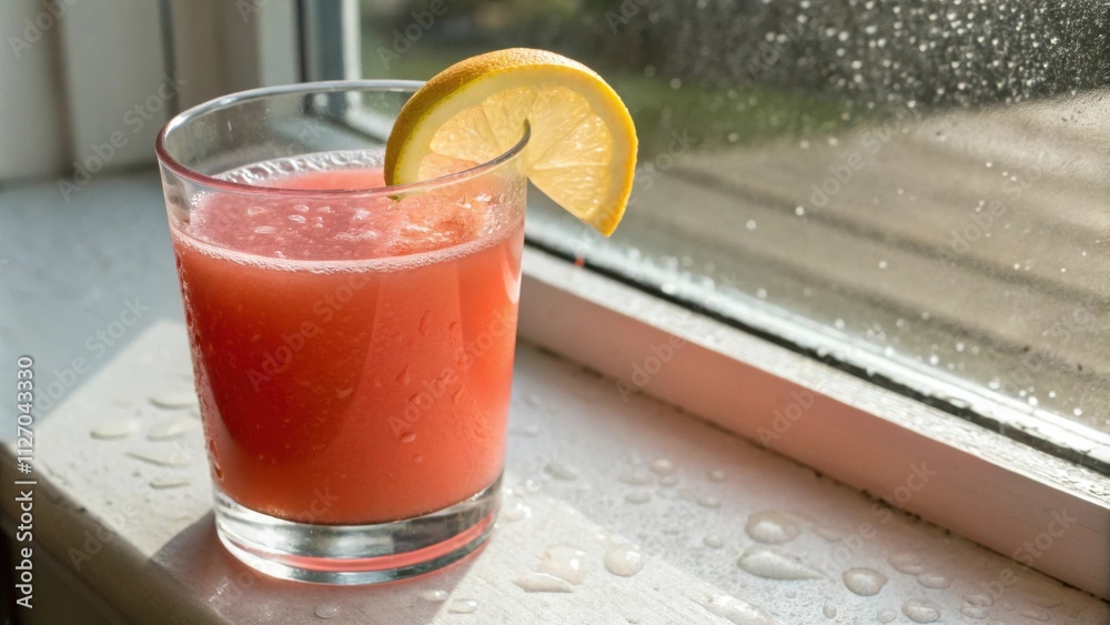 Poster a glass of refreshing pink juice with a lemon wedge garnish sits on a windowsill, sunlight reflectin