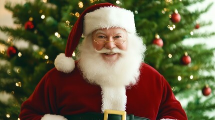 Santa Claus is smiling and wearing a red suit