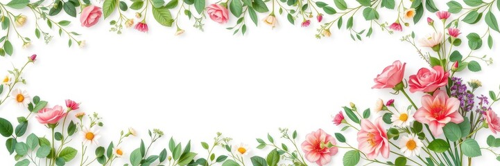 A horizontal greeting card mockup template featuring a blank card surrounded by flowers and greenery, invitation, flowers
