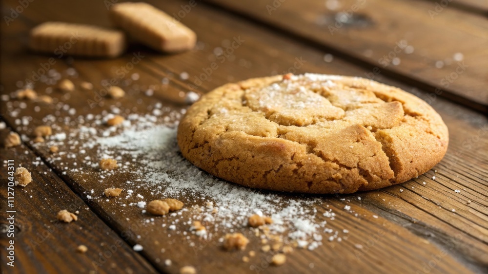 Poster a single buttery cookie, dusted with powdered sugar, rests on a rustic wooden surface. the cookie's 