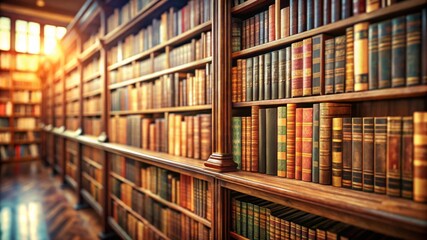 Old classic Library with many shelves and retro books 