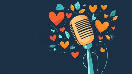 Colorful microphone surrounded by hearts and leaves, symbolizing love and charity. This vibrant design captures essence of voice campaign, promoting connection and support