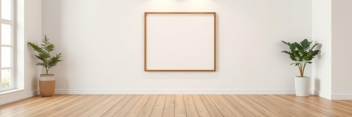 A mockup of a frame resting on a wooden floor, perfect for showcasing artwork or photographs, display, interior design