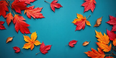Autumnal Foliage Arranged on a Teal Background, Perfect for Seasonal Designs and Fall-Themed Projects