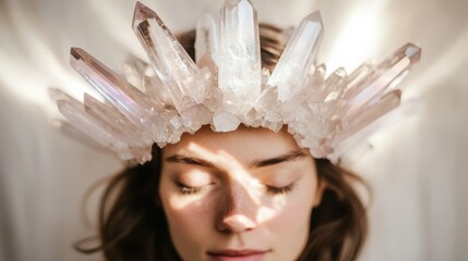 Serene Woman With Radiant Crystal Crown Basking in Sunlight