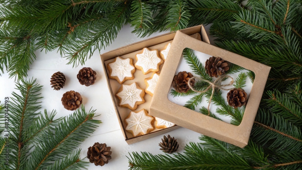 Poster a gift box filled with homemade snowflake cookies and decorated with pine branches and pine cones.