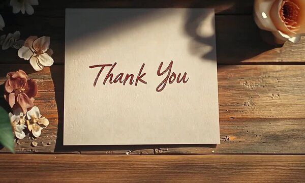 Rustic Thank You Note with Floral Accents on Wooden Surface