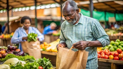 Obraz premium Middle aged african man arranges a paper bag with vegetables