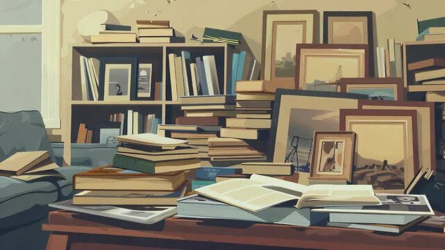 A disorganized collection of magazines, books, and framed photos on a coffee table, forming an abstract background for a living room.