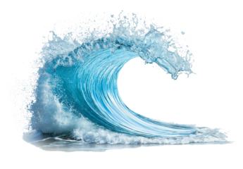 Water wave isolated on a white background, water splash in the air, clean and minimalistic with copy space for text.