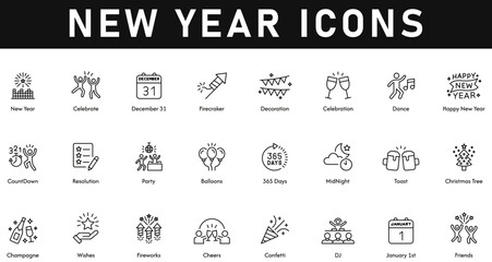 New Year Icons vector illustration with thin line editable stroke containing celebrate, December 31, firecracker, decoration, dance, countdown, party, toast, champagne, cheers, friends, Christmas tree